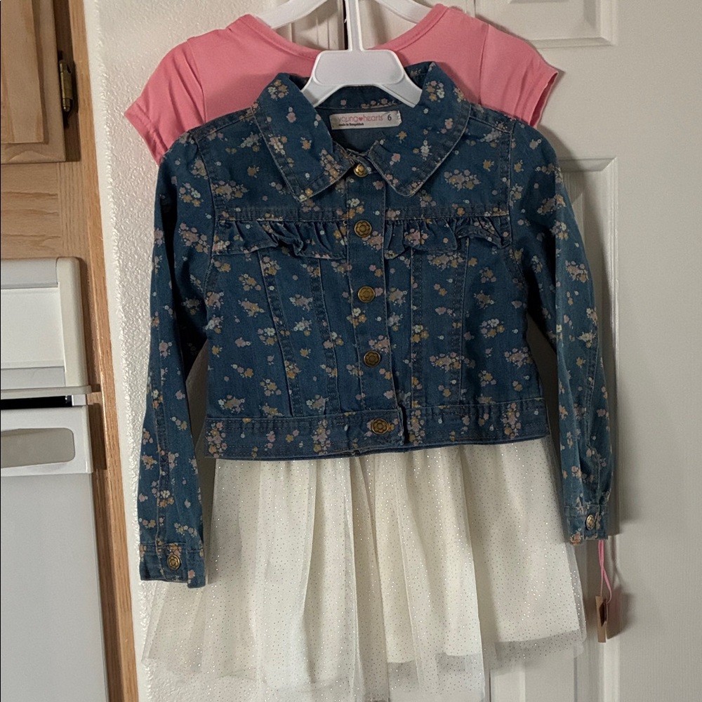 NWT Kids Floral Blue Denim Jacket/ Unicorn dress with sparkly bottom.